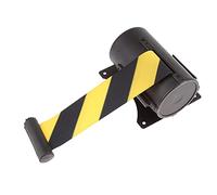 5 Meter Wall Mounted Retractable Barrier Tape People Guidance System - Stainless Steel Housing, 5m Polyester Belt for Crowd Control and Queue Management- Black and Yellow
