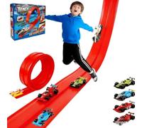 5-metre flexible toy racing track for building customisable circular circuits. Classic long scroll-style track includes 4 racing cars and 12 suction cups. The for children. (4 metres)