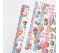 5 Metres Cute Birthday Wrapping Paper Roll - Kawaii Ice Cream & Balloon Gift Wrap, Colourful Party Wrapping Paper for Kids, Happy Birthday Gift Wrap (Blue & Pink Stripe)