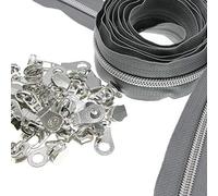 #5 Nylon Coil Zippers by The Yard Silver Metallic Teeth,Gray Tape Silver Plated Pulls,Bulk 10 Yards with 25 PCS Sliders Pulls,DIY Zippers for Tailor Sewing Crafts Bags Purses SHUNLI