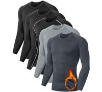 5 or 4 Pack Men's Thermal Compression Shirt Fleece Lined Long Sleeve Athletic Base Layer Cold Weather Gear Workout Top, 5 Crew Neck（light and Dark Grey and Black）, Large