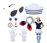5 P-C-S Sailor Costume, Sailor Nautical Outfit Set, Sailor Hat Sunglasses Square Scarf White Gloves Ear Accessories For Yacht Party Halloween Cosplay