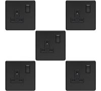 5 PACK 1 Gang DP 13A Switched UK Plug Socket SCREWLESS MATT BLACK Wall Power
