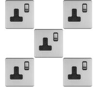 5 PACK 1 Gang DP 13A Switched UK Plug Socket SCREWLESS SATIN STEEL Wall Power