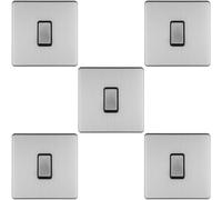 5 Pack 1 Gang Single Light Switch SCREWLESS Satin Steel 2 Way 10A Slim Rocker - Decorative Kitchen Living Room Bedroom Plate