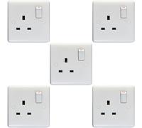 5 PACK 1 Gang Single Pole 13A Switched UK Plug Socket - WHITE Wall Power Outlet