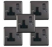 5 PACK 1 Gang Single UK Plug Socket BLACK NICKEL 13A Switched Power Outlet