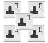 5 PACK 1 Gang Single UK Plug Socket SATIN STEEL 13A Switched Black Trim Plate