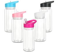 5 Pack 10 Oz Plastic Snow Globe Tumbler for Kids with Pre-Drilled Hole and Plug, Leak Proof Double Wall Snow Globe Sports Water Bottles with Portable Handle for Glitter DIY Gift, Mixed Color