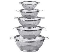 5 Pack 18/8 Stainless Steel Colander Sieves, Multi Size Mesh Strainer Net Baskets with Handles & Resting Base for Strain, Drain, Rinse or Steam