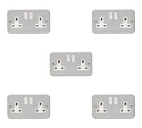 5 PACK 2 Gang Double 13A Switched UK Plug Socket HEAVY DUTY METAL CLAD Power