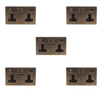 5 PACK 2 Gang Double 13A UK Plug Socket & 2x 3.1A USB-C SCREWLESS ANTIQUE BRASS