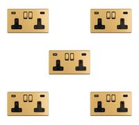 5 PACK 2 Gang Double 13A UK Plug Socket & 2x 3.1A USB-C SCREWLESS SATIN BRASS