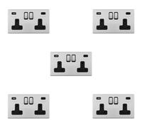 5 PACK 2 Gang Double 13A UK Plug Socket & 2x 3.1A USB-C SCREWLESS SATIN STEEL