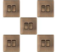 5 PACK 2 Gang Double Light Switch SCREWLESS ANTIQUE BRASS 2 Way 10A Slim Rocker