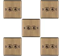 5 PACK 2 Gang Double Retro Toggle Light Switch ANTIQUE BRASS 10A 2 Way Plate