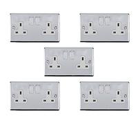 5 PACK | 2 Gang Double/Twin Switched UK Plug Socket -POLISHED CHROME & Grey Trim- Mains 240V 13A DP/Double Pole - Decorative Kitchen/Interior Wall Face Plate Power Outlet