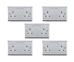 5 PACK | 2 Gang Double/Twin Switched UK Plug Socket -POLISHED CHROME & Grey Trim- Mains 240V 13A DP/Double Pole - Decorative Kitchen/Interior Wall Face Plate Power Outlet