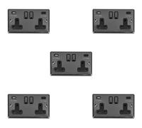 5 PACK 2 Gang Double UK Plug Socket & Dual 3.1A USB-C BLACK NICKEL 13A Switched