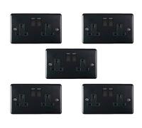5 PACK 2 Gang Double UK Plug Socket MATT BLACK 13A Switched Power Outlet
