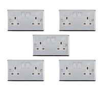 5 PACK 2 Gang Double UK Plug Socket POLISHED CHROME 13A Switched White Trim