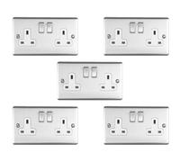5 PACK 2 Gang Double UK Plug Socket SATIN STEEL & White 13A Switched Outlet