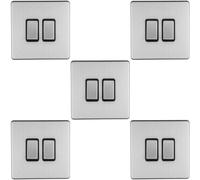 5 PACK 2 Gang Single Light Switch SCREWLESS SATIN STEEL 2 Way 10A Slim Rocker