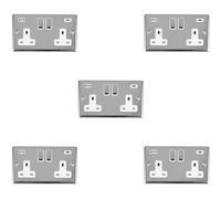 5 PACK 2 Gang UK Plug Socket & Dual 3.1A USB-C & A CHROME & WHITE 13A Switched