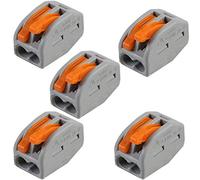 5 PACK | 2 Way 32 AMP WAGO Lever Connector | Electrical Push Snap Fit Terminal Block | Reusable Lighting Junction Choc Clamp | 0.08mm² - 4mm² Power Cables | 222-412 | 400V Max Spring Arm Wire Holder