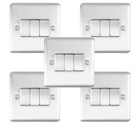 5 PACK 3 Gang Triple Metal Light Switch SATIN STEEL 2 Way 10A White Trim