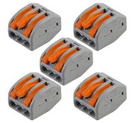 5 PACK | 3 Way 32 AMP WAGO Lever Connector | Electrical Push Snap Fit Terminal Block | Reusable Lighting Junction Choc Clamp | 0.08mm² - 4mm² Power Cables | 222-413 | 400V Max Spring Arm Wire Holder