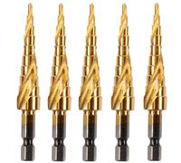 5 Pack - 3mm to 12mm Spiral Flute Step Drill Bits High Speed Steel Titanium Coated, Metric Hex Shank, HSS Tool Set for DIY Plastic Wood Steel Metal Aluminum. Cone Cutter Hole Cutter Drill Bits