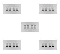 5 PACK 4 Gang Quad Light Switch SCREWLESS SATIN STEEL 2 Way 10A Slim Rocker