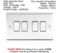 5 PACK 4 Gang Quad Metal Light Switch SATIN STEEL 2 Way 10A Grey Trim