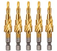5 Pack - 4mm to 12mm Spiral Flute Step Drill Bits High Speed Steel Titanium Coated, Metric Hex Shank, HSS Tool Set for DIY Plastic Wood Steel Metal Aluminum. Cone Cutter Hole Cutter Drill Bits