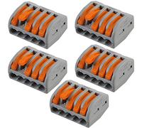 5 PACK | 5 Way 32 AMP WAGO Lever Connector | Electrical Push Snap Fit Terminal Block | Reusable Lighting Junction Choc Clamp | 0.08mm² - 4mm² Power Cables | 222-415 | 400V Max Spring Arm Wire Holder