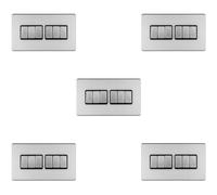 5 PACK 6 Gang Multi Light Switch SCREWLESS SATIN STEEL 2 Way 10A Slim Rocker