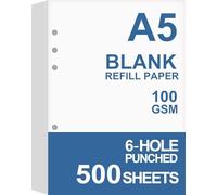 (5-Pack) A5 Blank Paper, Refills for Filofax Planner, Organizer, Binders, 6 Hole Punched, Total 500 Sheets/1000 Pages, 100gsm, White, 5.8 x 8.2 Inch, 6 Hole Filler Paper