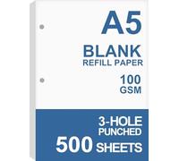 (5-Pack) A5 Filler Paper, 3 Hole Planner Refills, Organizer, Loose-leaf Binder Paper, Total 500 Sheets/1000 Pages, 100gsm, Blank, White Paper, 5.8 x 8.2 Inch, 3 Hole Filler Paper