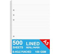 (5-Pack) A5 Lined Refills Paper for Filofax Planner/Binders/Organizer, 6 Hole Punched, Total 500 Sheets/1000 Pages, 100gsm, White, 5.8 x 8.2 Inch, 6 Hole Filler Paper