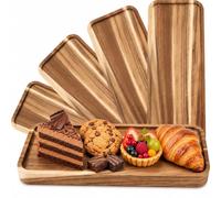 5 Pack Acacia Wood Serving Trays, 35.5 x 14cm Rectangular Wooden Platters | Charcuterie and Cheese Boards with Bottom Handles, for Appetizer Meat Dessert Snack Bread Fruit