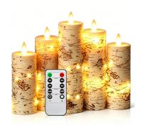 5 Pack Birch Pattern Flameless LED Candles with Fairy Lights, Realistic Moving Flame Paraffin Wax Candles, Soft Warm Light, Remote Control, 5.5cm D x 14/15/18/20/22cm H, Indoor Home Wedding Decor