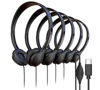 5 Pack Bulk Wired Headphones, Leather, USB-C, On-Ear, Volume Control, Compatible with Phone, Tablet, Laptop, PC for School, Class, Meeting, Conference, Test, Black