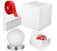 5 Pack Cake Boxes 10 inch with Silver Cake Boards and Red Ribbon, Paper Bakery Boxes 10x10x10 inches Cake Box with Window Pastry Boxes for Cakes, Pastries, Cookies, Strawberries, Donuts, Pies