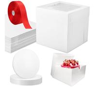 5 Pack Cake Boxes 10 inch with White Cake Boards and Red Ribbon, Paper Bakery Boxes 10x10x10 inches Cake Box with Window Pastry Boxes for Cakes, Pastries, Cookies, Strawberries, Donuts, Pies