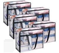 5 Pack Clear Plastic Storage Bags, 40L Foldable Clothes Storage Bags with Zips Laundry Packing Bags with Reinforced Handle Bedding Moving Bags Plastic Loft Wardrobe Organiser for Quilt Blanket Duvet