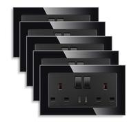5 Pack CNBINGO Double Switched Power Glass Socket with Two Type-C USB Ports, 20W Fast Charging, 13 Amp Electrical Wall Socket, Black Glass Wall Plate