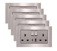 5 Pack CNBINGO Stainless Steel Double Socket with USB C Fast Charging, 20W USB-A and Type-C, Double Switched Electric Power Socket, White Stainless Steel Panel Wall Outlet
