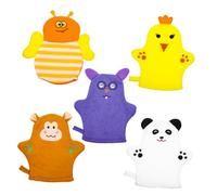 5 Pack Cotton Baby Bath Gloves Cartoon Mittens for Gentle Cleansing | Animal and Fruit Shapes, Lightweight Design for Daycare Use, Travel Bath Kit, Boy Girl Body Random Style