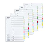 5 Pack File Dividers A4, 12 Part Multi Hole Paper Folder Dividers, Pre-Punched Binder Dividers with 12 Colour Tabs for Lever Arch Files Ring Binders Office School Index Dividers